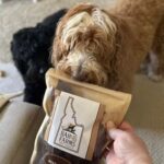 Dog with a bag of Bar46 Farms all-natural dog treats