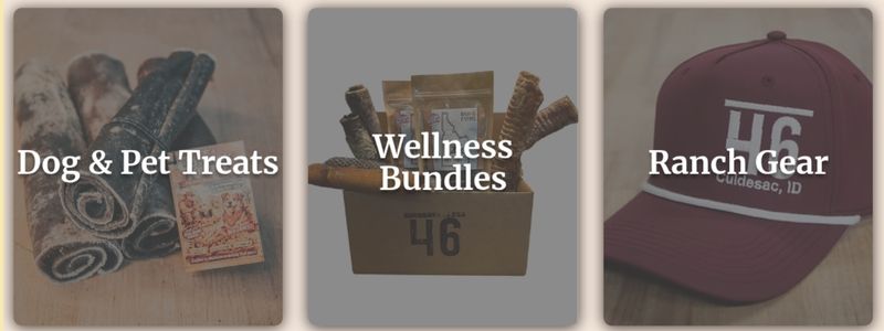 Bar46 Farms store categories featuring dog treats, wellness bundles, and ranch gear