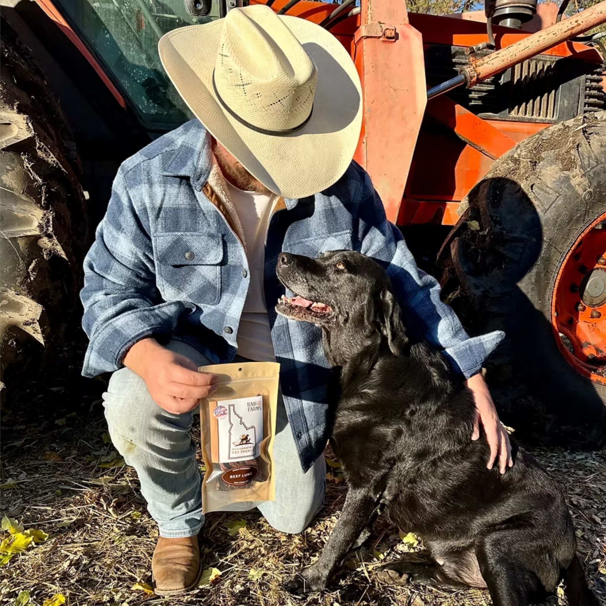 Farmer and his dog with Bar46 Treats